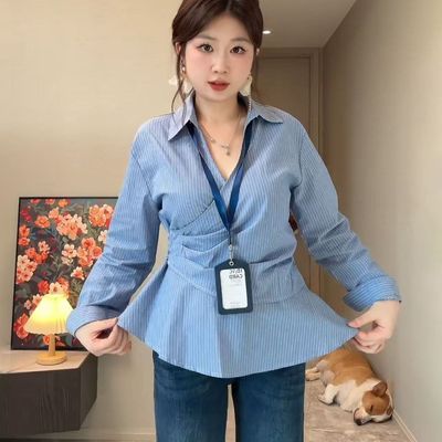 大码胖mm韩系褶皱收腰交叉条纹衬衫女秋装遮肉显瘦设计感衬衣上衣