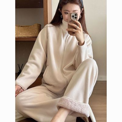 胖mm特大码300斤秋冬新款女睡衣拉链套装摇粒绒保暖宽松家居服潮