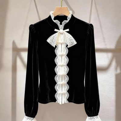 2025冬季新款高级感轻奢减龄洋气名媛气质新中式黑色蕾丝丝绒上衣【15天内发货】