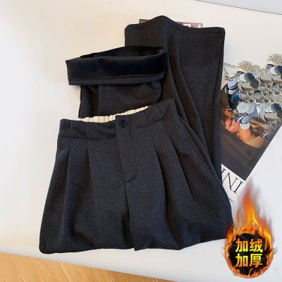 加绒加厚灰色毛呢阔腿裤女秋冬新款宽松直筒休闲裤后松紧高腰长裤