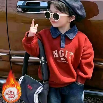 男女童翻领卫衣加绒加厚2025冬季儿童洋气喜庆过年服保暖上衣潮