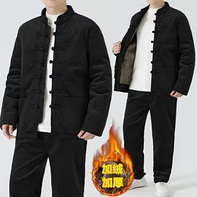 中国风唐装男休闲套装秋冬季民族加绒加厚复古盘扣中式外套两件套