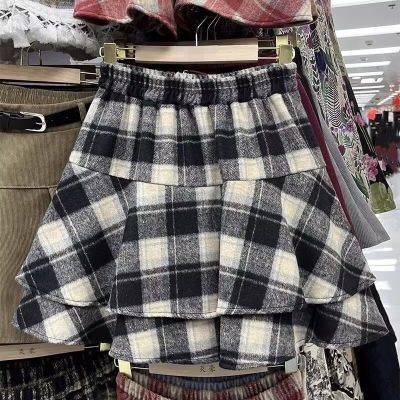 胖mm特大码300斤时尚毛呢格子蛋糕短裙秋冬半身裙松紧腰A字蓬蓬裙