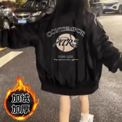 秋冬季印花港风复古加绒外套飞行员夹克男女潮牌宽松百搭棒球外穿