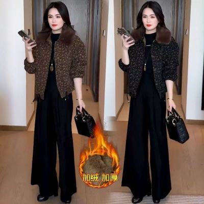 2025冬季妈妈新款印花短款外套女加绒加厚洋气显瘦保暖大毛领上衣