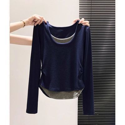 大码德绒设计感假两件长袖t恤女秋冬季新款胖mm修身显瘦遮肉上衣