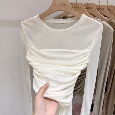 白色网纱t恤女秋季薄款上衣2025款长袖清纯风修身短款打底衫内搭【15天内发货】