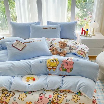 冬季加厚牛奶绒卡通毛巾绣四件套床上珊瑚毛巾被套三件套ins床单