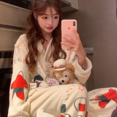 软糯糯!冬日星星卡通秋冬季加绒睡甜美珊瑚家居服保暖套装【3天内发货】