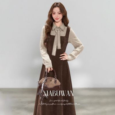 美拉德假两件衬衫拼接连衣裙女秋冬季新款学院风裙子高级感