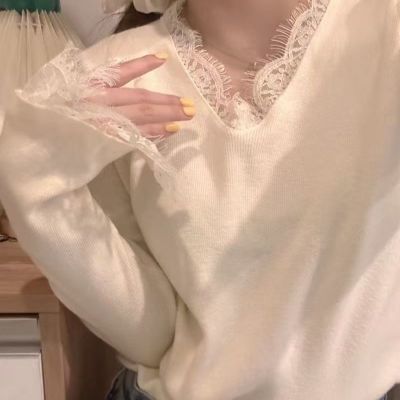 大码德绒纯欲显瘦蕾丝拼接花边长袖秋冬新款修身打底T恤紧身上衣