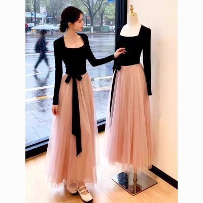气质千金收腰显瘦连衣裙女2025秋季韩系温柔风撞色拼接百搭大摆裙