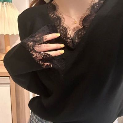 大码德绒纯欲显瘦蕾丝拼接花边长袖秋冬新款修身打底T恤紧身上衣