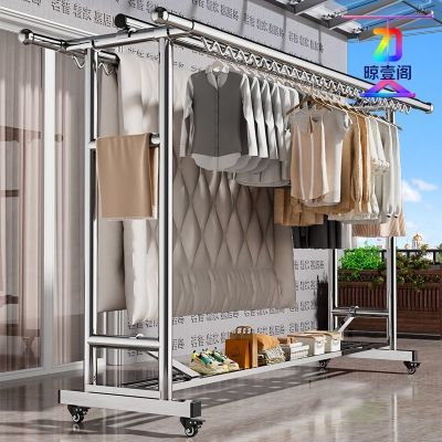 304不锈钢架特厚不锈钢晾衣架双杆落地衣架不锈钢防风移动折叠架