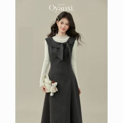 《古董少女》灰色收腰连衣裙女秋冬新款灰色蝴蝶结背心裙子【15天内发货】