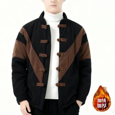 新中式冬季灯芯绒加厚唐装棉衣男撞色拼接传统盘扣棉袄中国风外套