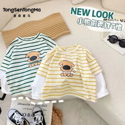 儿童德绒长袖男女童条纹T恤宝宝上衣打底衫假两件长袖衫德绒