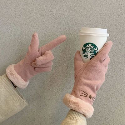 手套女冬季保暖加厚可爱冬女士骑车防风防寒加绒五指触屏手套骑行