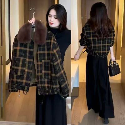 加绒加厚外套女2025冬季新款时尚洋气格子高档妈妈装保暖上衣毛领【15天内发货】