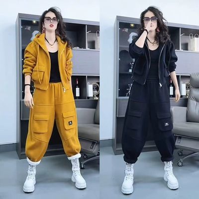 2025秋冬新款时尚套装女加绒加厚连帽卫衣宽松显瘦工装裤两件套潮