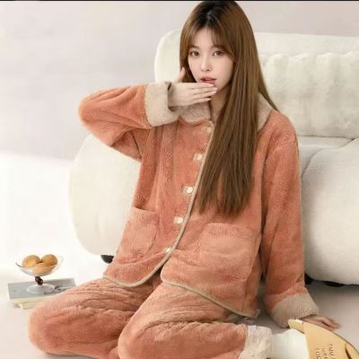 秋冬季睡衣女橘红女款 厚款翻领可外穿