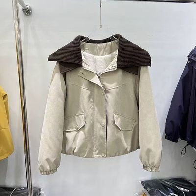 针织翻领加绒加厚外套2025棉衣秋冬新款宽松小个子羊羔保暖