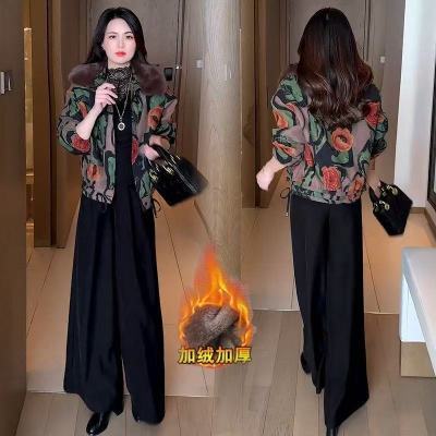 加绒加厚印花短外套女2025冬季新款妈妈洋气休闲百搭保暖夹克上衣