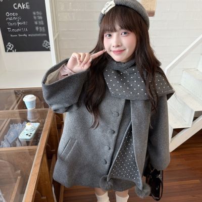 甜美风灰色斗篷披肩毛呢外套女气质百搭加厚宽松韩系自带围脖大衣