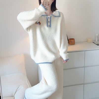 韩系针织毛衣翻领卡通软绵绵睡衣套装女秋冬加厚保暖半边绒家居服