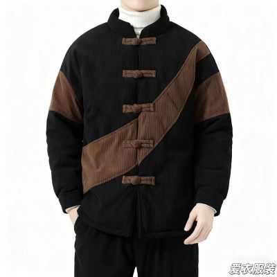 新中式冬季灯芯绒加厚唐装棉衣男撞色拼接传统盘扣棉袄中国风外套