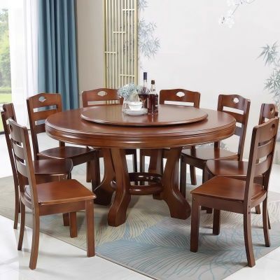 全实木圆形餐桌椅转盘组合中式家用圆桌酒店饭店大圆桌餐馆饭桌子