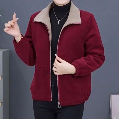 灯芯绒加绒加厚外套妈妈洋气上衣中年时尚翻领短款小个子新款休闲