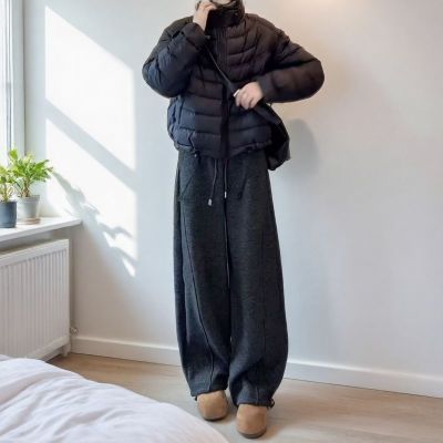 灰色加绒弯刀休闲裤女2025年冬季新款小个子大码显瘦宽松阔腿裤