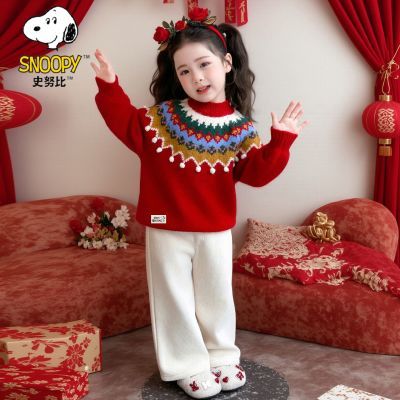 史努比女童毛衣秋冬季新款儿童毛线衣针织衫女宝宝拜年服加厚红色