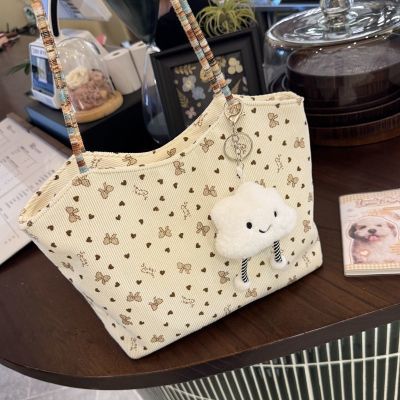 爱心蝴蝶结刺绣包包女编织大容量单肩托特包通勤手提包彩色溜娃