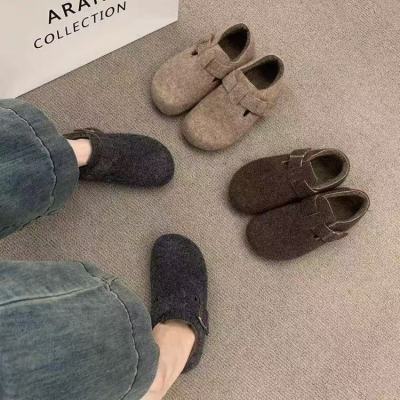 2025新款棉鞋女勃肯秋冬加绒鞋女日系复古平底软底豆豆鞋毛毛鞋女