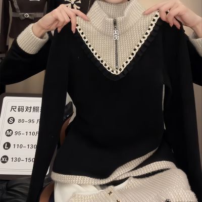 2025冬季新款黑色半拉链立领针织女长袖宽松百搭显瘦气质打底上衣【5天内发货】