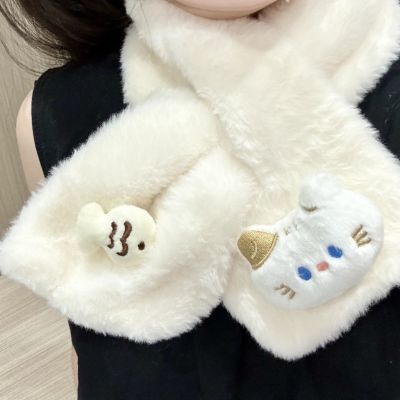 可爱猫咪爱吃小鱼毛绒围巾ins冬季秋冬保暖日系加厚学生交叉围脖