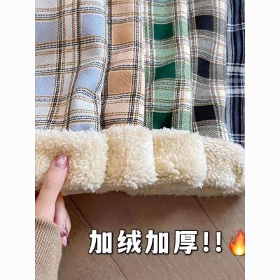 裤子阔腿加绒加厚羊羔绒休闲裤格子裤女新款高腰宽松保暖休闲长裤