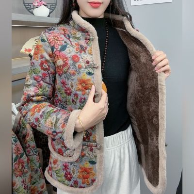 冬季新款妈妈加绒加厚棉衣棉服中老年碎花保暖时尚洋气外套棉袄女