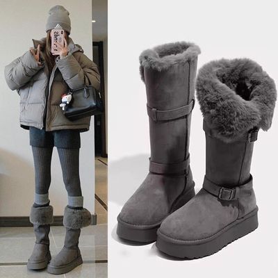 2025冬季新款北方厚款高筒灰色雪地靴女加绒保暖防滑棉鞋