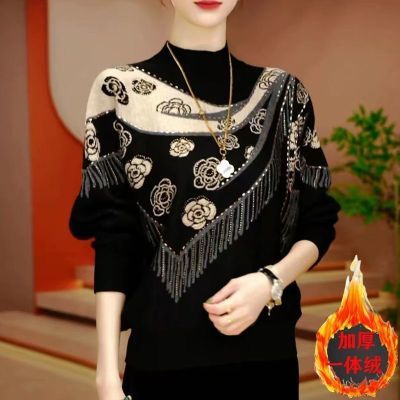 妈妈装一体绒加绒加厚毛衣女中老年宽松时尚显瘦保暖针织衫上衣女