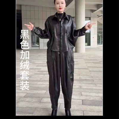 时尚秋冬翻领气质加绒休闲新款套装妈妈哈伦开衫上衣洋气两件套