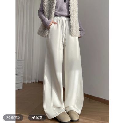 冬季新款正版加绒白色弯刀裤高腰显瘦镰刀裤抽绳撞色阔腿休闲裤