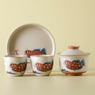 米黄汝窑金玉满堂功夫茶具套装家用陶瓷盖碗壶承茶杯茶道套装
