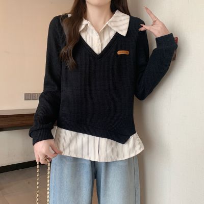 大码春秋新款韩版mm宽松显瘦假两件长袖女装卫衣条纹衬衫拼接上衣