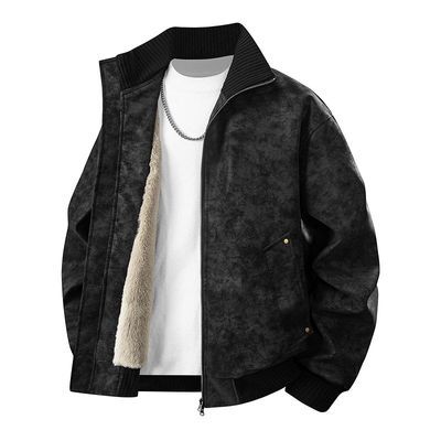 男装加绒保暖皮衣外套男冬季时尚保暖上衣百搭休闲宽松大码上装