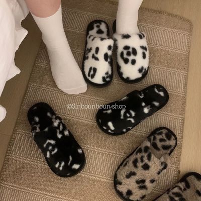 秋冬撞色豹纹棉鞋时髦拖鞋防滑保暖居家毛绒棉拖女【3天内发货】