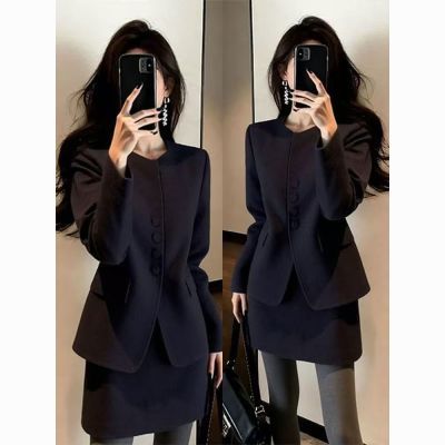 法式小香风黑色西装套装女高级感气质短外套半身裙两件套春秋新款【10天内发货】