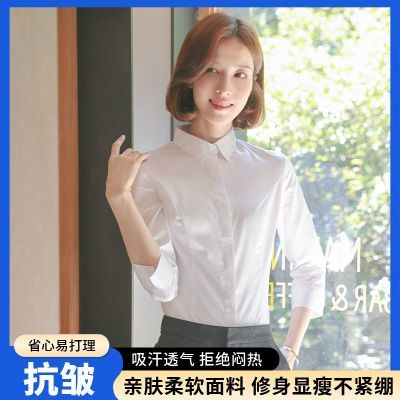 棉质七分袖白色方领女士衬衫职业春夏气质修身抗皱正装工作服衬衣优惠商品图片